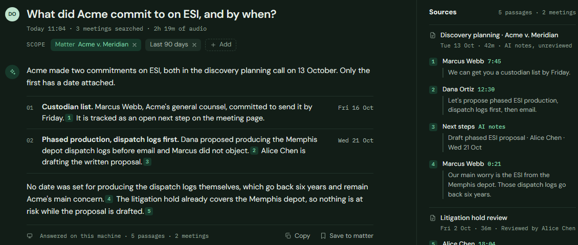 Design preview: a question about discovery commitments, a cited answer with numbered references, and a sources panel with who said what and when