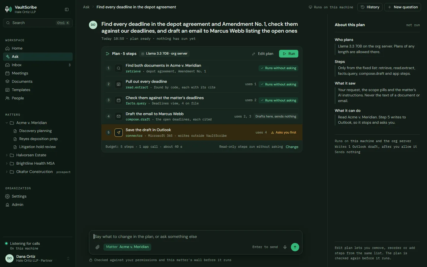 Design preview: an agent plan for a request to find every deadline in two documents and draft an email, with five steps, each marked as running without asking, drafting only, or asking first
