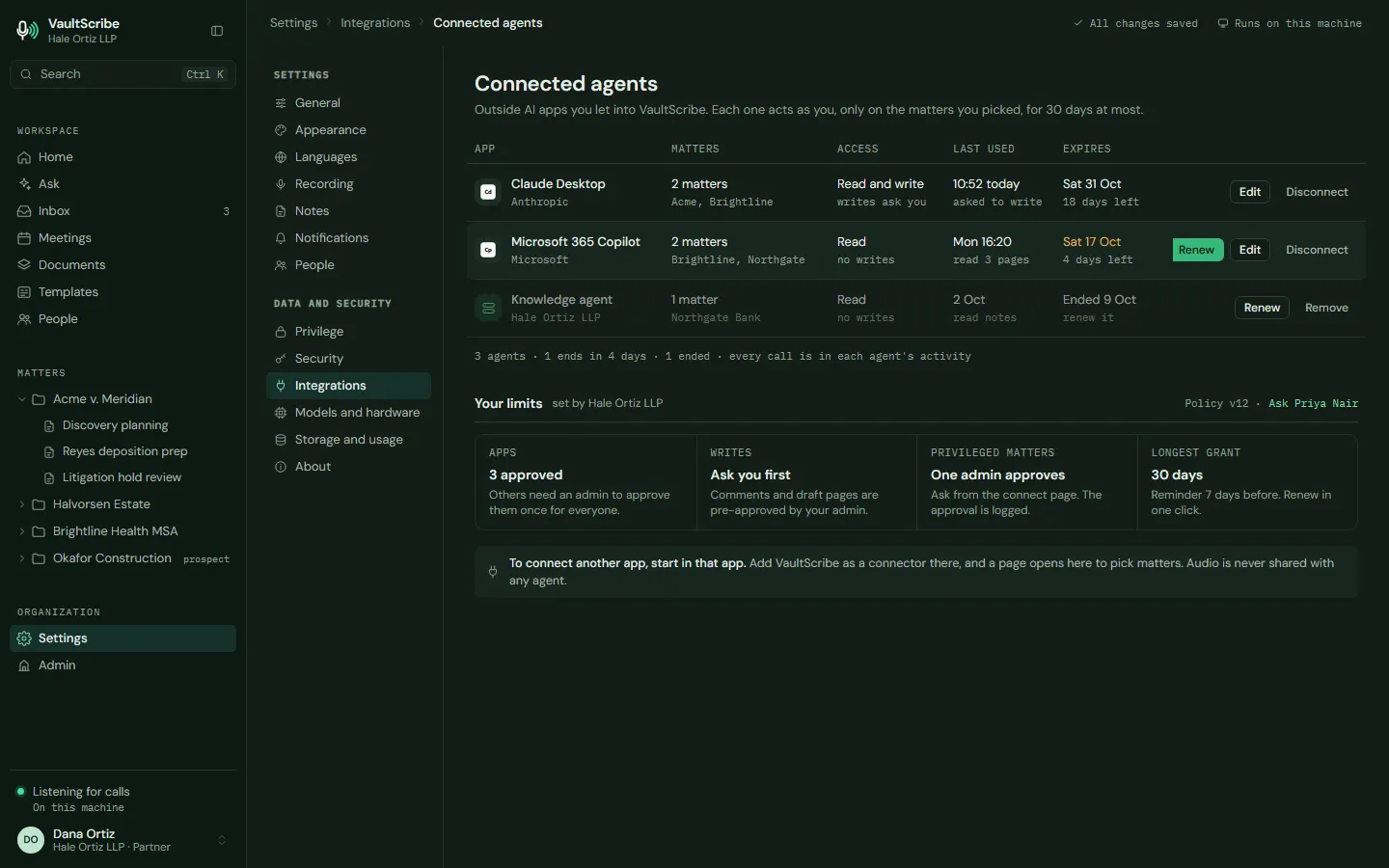 Design preview: a list of connected outside AI apps showing which matters each can reach, whether it can read or write, and when its access expires