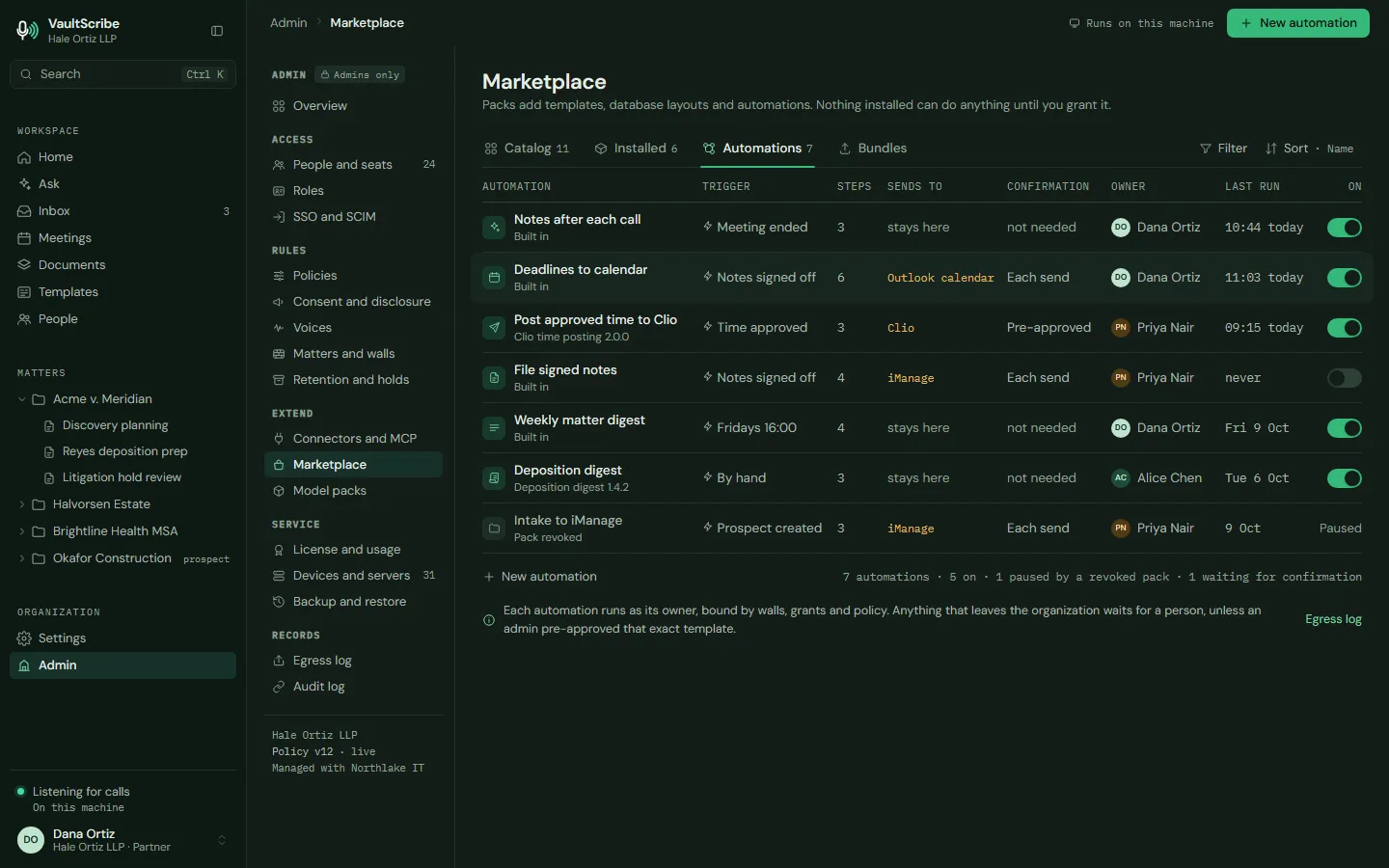 Design preview: Automations such as notes after each call and deadlines to calendar, each running as a person with approvals.