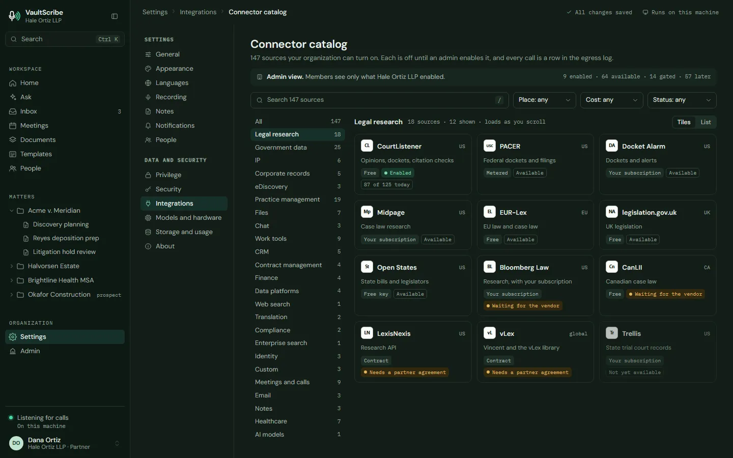 Design preview: A connector catalog of legal research, dockets, files and more, each off until an administrator turns it on.