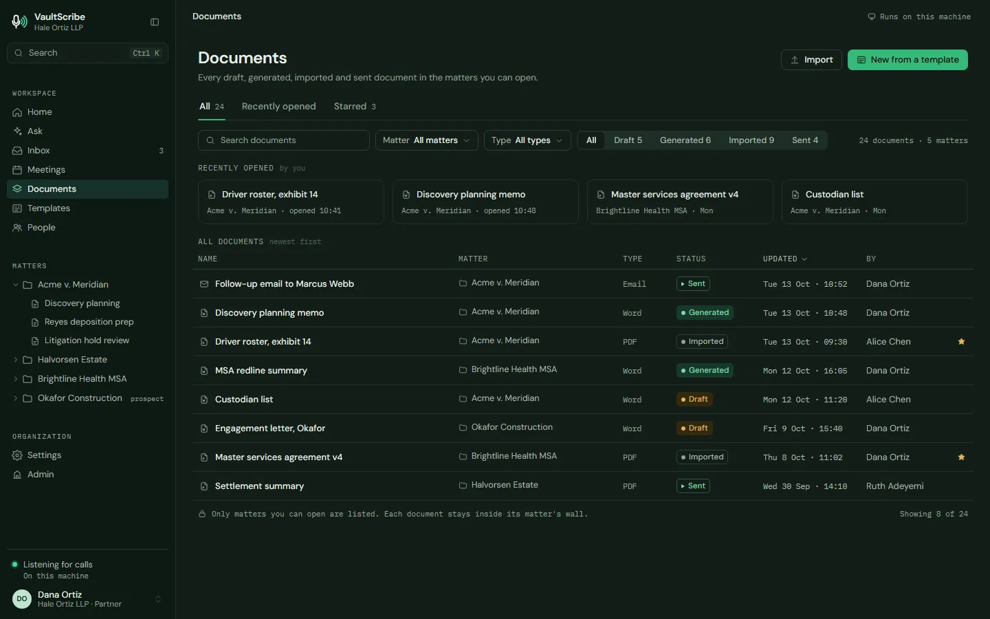 Design preview: Every draft, generated, imported and sent document, with matter, type, status and who updated it.