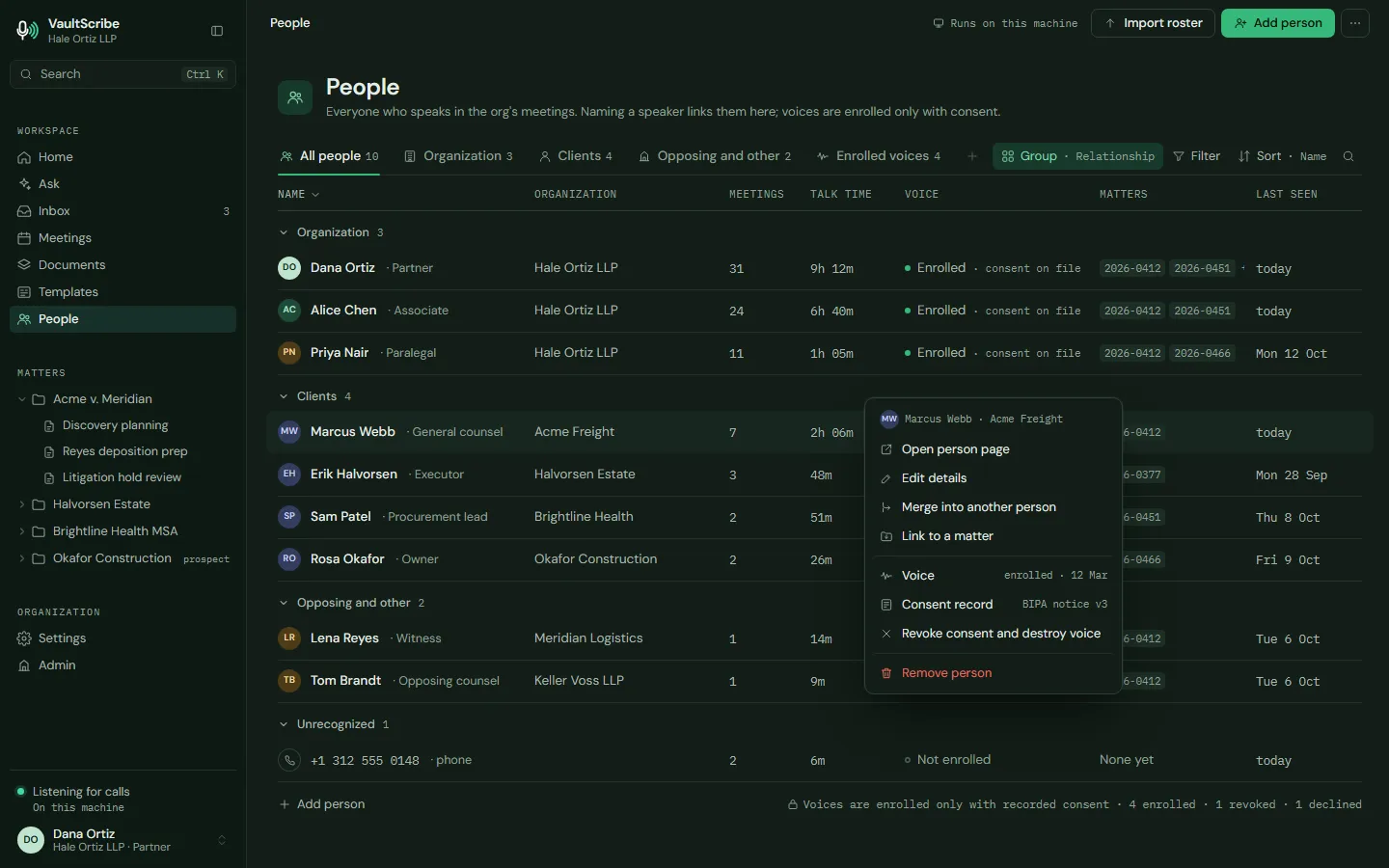 Design preview: A directory of people grouped by organization, clients and opposing parties, with voice enrollment and consent status.