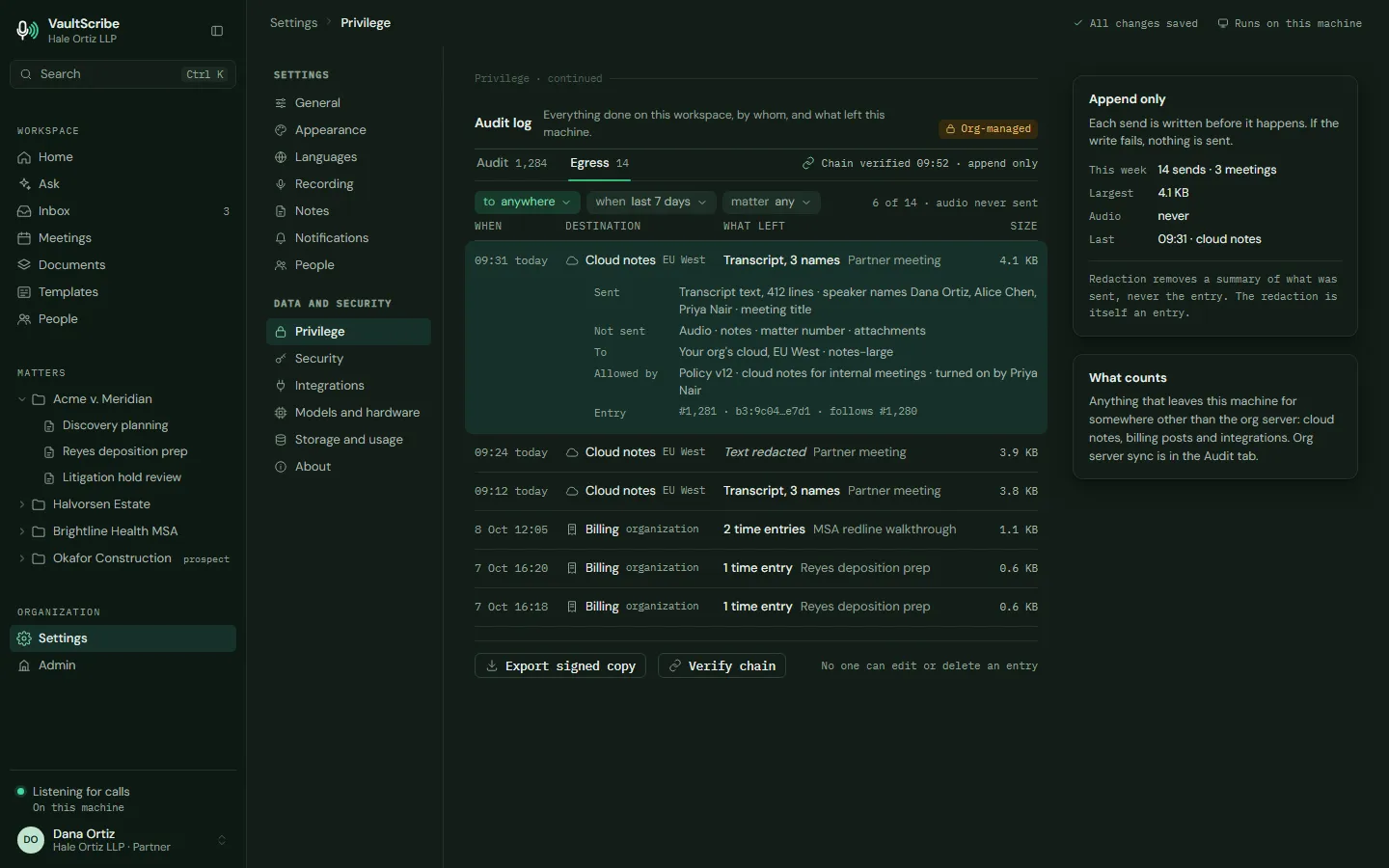 Design preview: the egress log listing each request that left the machine, with destination, purpose and size, including one refused request
