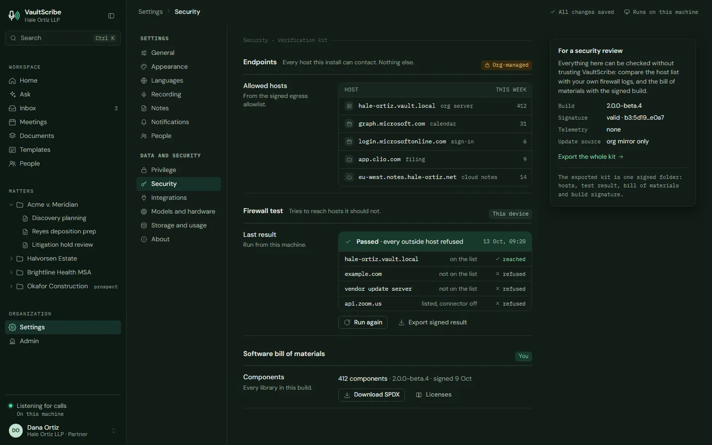 Design preview: a verification kit showing the hosts the installation may contact, a firewall test with its result, and a software bill of materials