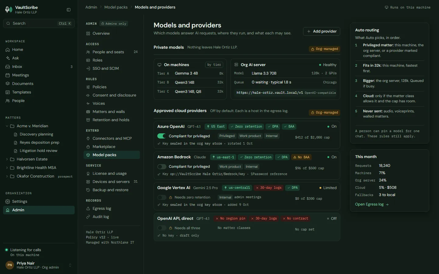Design preview: models and providers, showing models on each machine by tier, the organization's AI server, approved cloud providers that are off by default, and the order of the automatic routing rules