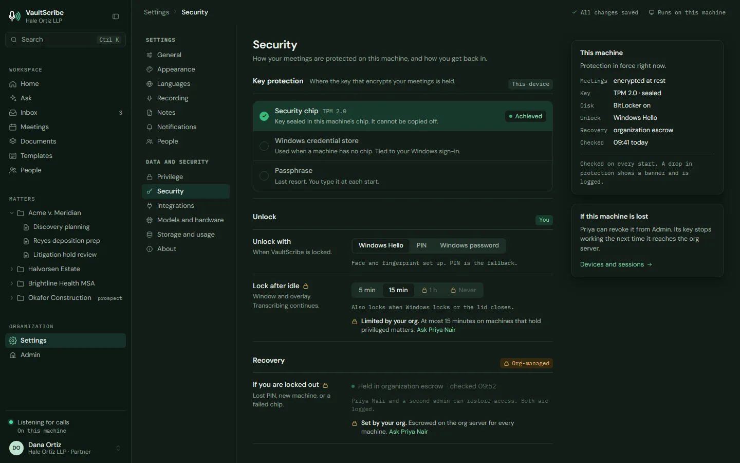 Design preview: the Security screen showing the encryption key held by the computer's security chip, unlock methods, and recovery held in the organization's escrow