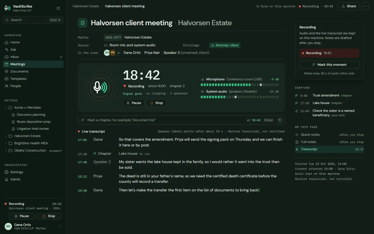 Design preview: Recording a meeting live, with a running timer, input levels, chapters and a live transcript.