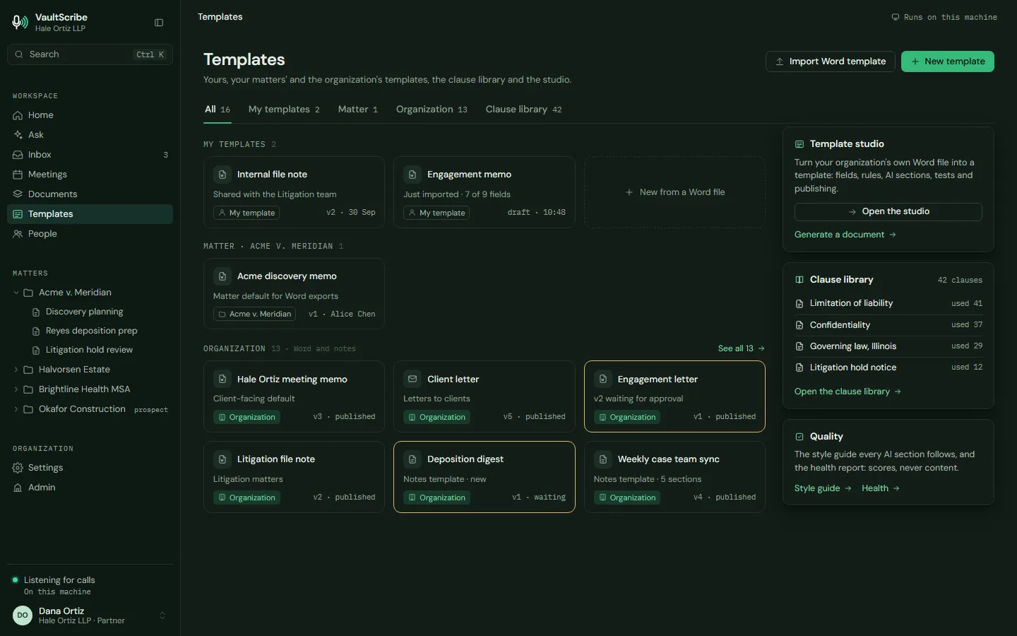 Design preview: Templates by owner, a template studio and a clause library.