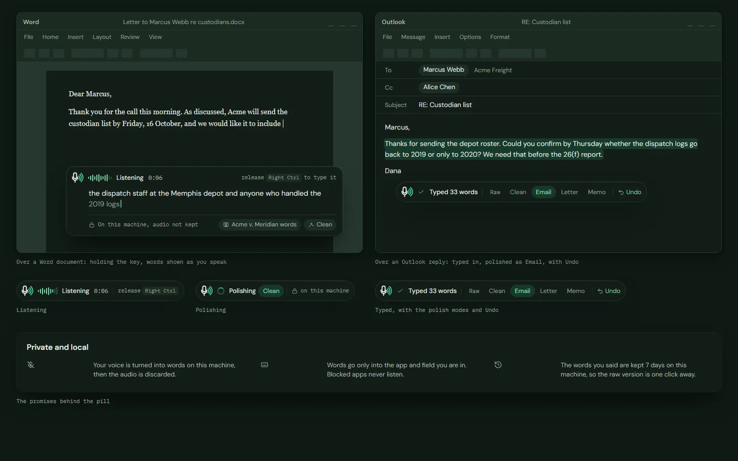 Design preview: Dictation anywhere: hold a key and speak into Word or Outlook, with local processing.
